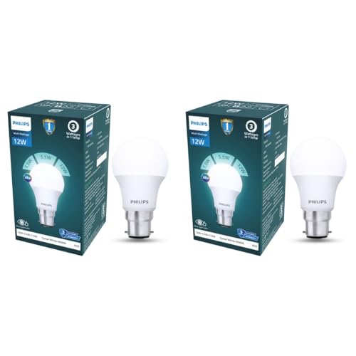 Philips 12W Dimmable LED Bulb | Cool White 6500K | B22 Base | Adjustable Brightness LED Light | Energy Efficient & Versatile Lighting | Pack of 2 Phil