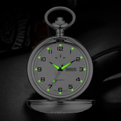Image of BOSHIYA Smooth Quartz Pocket Watches for Men Classic Arabic Digital Luminous Dial & Day Date Pocket Watch with Chain Christmas Graduation Birthday Gifts