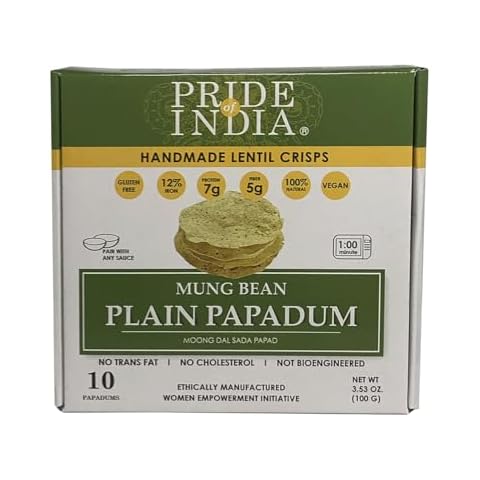 Pride Of India - Mung Bean Plain Papadum Lentil Crisp, 10 count (3.53oz - 100gm) - Plant Based Protein Snack, Gluten-Free Vegan Crackers, Healthy Bean Chips, Traditional Handmade Indian Low Carb Food Cover