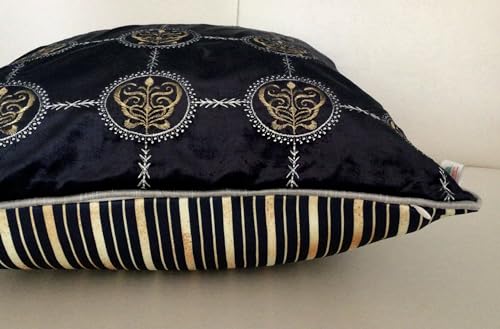 Image of TARA Sparkling Homes 16 x 16 Inches Zari Embroidered Velvet Cushion Covers, 'Cleopatra' from 'The Royal Collection', Set of 1 (Midnight Blue, 16 x 16 Inches)
