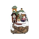 Fyearfly Christmas Snow Scene House Music Box, Fiber Optic LED Rotating Electric Resin Craft Ornament with Green Roof