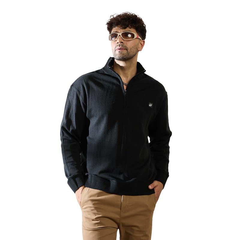 Black Turtleneck Quarter Zip Sweater for Men & Women | Acrylic Wool Winter Knit with Dropped Shoulder, Ribbed Edges | Zip Neck Pullover for Casual Everyday Style-image-46