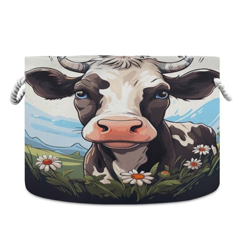 Round Cute Black and White Cow Flower Storage Basket Large Organizer Bin Laundry Hamper Toy Storage Basket with Handle for Nursery Clothes Toys 202b4888