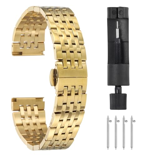 QUARKZMAN 18mm Correas de Reloj de Acero Inoxidable con Cierre de Mariposa de Doble Presión, Reloj Correa Metal Acero Sólido Cadena Repuesto con Extremos Curvados, Tono Dorado