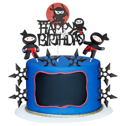 Wonderjune 9 Pcs Ninja Happy Birthday Cake Toppers Black Red Glitter for Ninja Theme Birthday Party Karate Kung Fu Warriors Cake Decorations Supplies