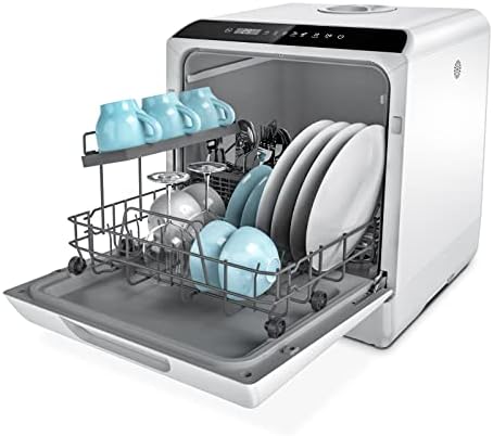 Hermitlux Table Top Dishwasher, Mini Countertop Dishwasher with 4 Place Settings, 5L Built-in Water Tank, 6 Programmes, Touch Control, Baby Care and Fruit Wash, White