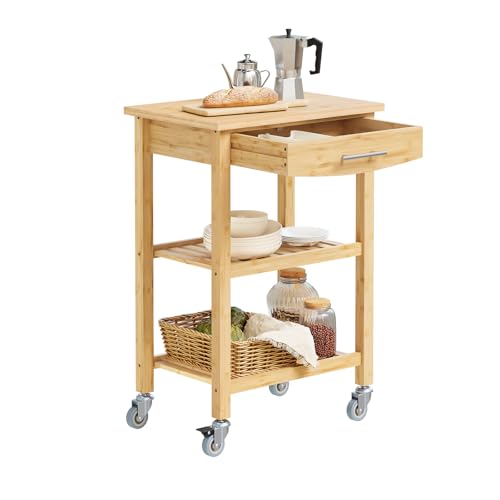SoBuy Carro de Cocina de Bambú Carbonizado – Mueble de Cocina con Ruedas y Cajón, Carrito Móvil, para Cocina, Comedor y Exterior 58×40×86 cm FKW135-N