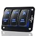 MICTUNING 3 Gang Aluminum Rocker Switch Panel - 5 Pin ON Off Toggle Switch with Blue LED Backlit, Wiring Harness Pre-Wired Easy Installation 12 24V for Boat Car Marine ATV UTV