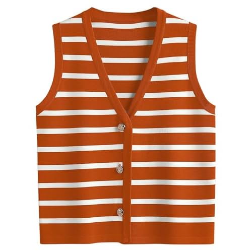 Women V Neck Sweater Vest Button Striped Knit Sleeveless Tops Summer Crop Crochet Tank Trendy Business Casual Outfits Orange-white Small