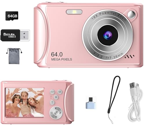 Digital Camera 1080P FHD 64MP with 2.4" LCD Screen, 8X Digital Zoom, Compact Portable Vlogging Camera with 64gb SD Card and Type-C OTG Adapter for Kids Teen Students Beginner (Pink)