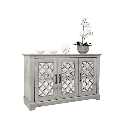 Galano Millicent 3 Door Accent Cabinet With Storage - Modern Distressed Oak Finish - Entryway - Foyer Or Living Room - Easy Assembly - Acrylic Mirror Doors - Mexican Grey #TOP4