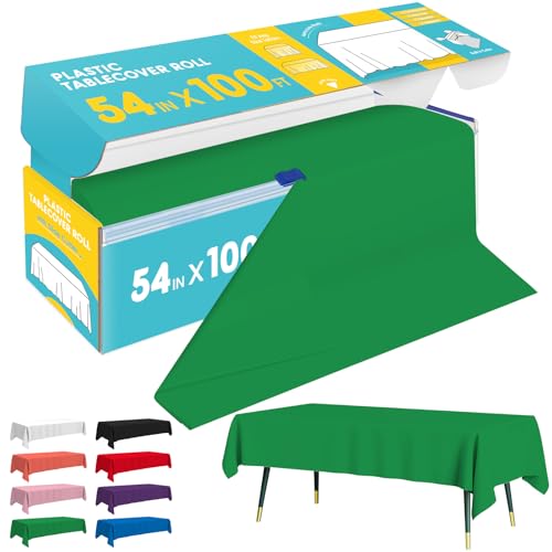 Image of Niuara Green Plastic Table Cover Roll - 54IN x 100FT, Table Cloth for Rectangle Table with Slide Cutter, Plastic Table Cloth Disposable with Cut-to-Size Design for Weddings, Banquets, Parties