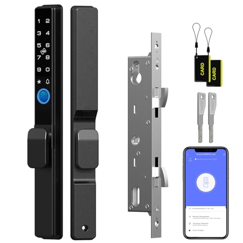 Keylesslife Sliding Door Smart Lock Sliding Door Lock Fingerprint Smart Mortise Lock RFID APP Smart Lock Biometric Patio Door Lock Double Hook 2085 Mortise Lock Set with Handle
