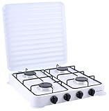 Melchioni Family - Hornillo de gas modelo Minerva New con cuatro fuegos, color blanco, para uso exterior, con parrilla y fuegos extraíbles y tapa