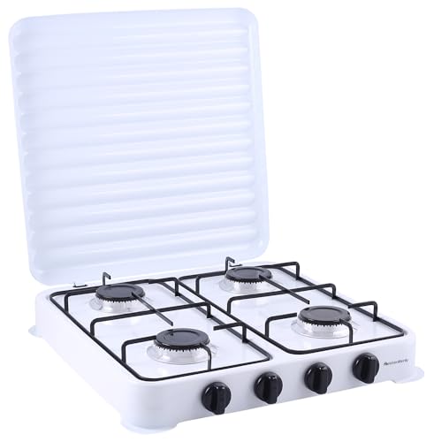 Melchioni Family | Fornello a Gas Modello MINERVA NEW, Quattro Fuochi, Colore Bianco, per Utilizzo Esterno, con Griglia e Fuochi Rimovibili e Coperchio