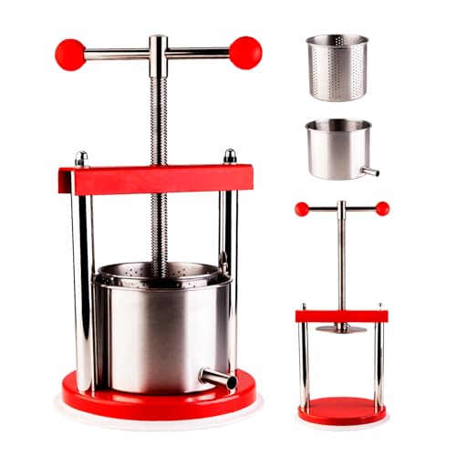Prensa de frutas manual de 1,5 l, acero inoxidable, para vino, sidra, zumos y licores, 12 cm de diámetro, con base esmaltada y mecanismo de rosca