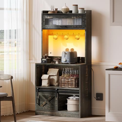 DWVO Bakers Rack with Power Outlet and Storage Cabinet, 5-Tier Farmhouse Kitchen Microwave Stand with LED Lights,Heavy Duty Coffee Bar Table Station with 7 Hooks for Dining Living Room, Black Brown