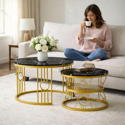 Image of Modern Nested Coffee Table Set of 2 | Round Marble Finish Tabletop with Metal Base | Luxury Center Table for Living Room, Lounge & Office (Ring Black Gold)