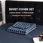 Ensemble de housse de couette en coton Wake In Cloud Grid, bleu marine, reine | 100 % coton lavé, motif géométrique à carreaux, style ferme, ensemble de literie texturé, 3 pièces