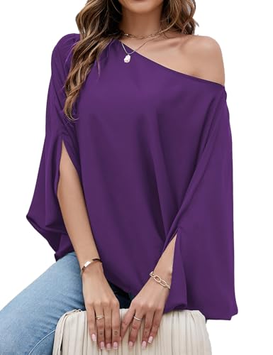 VIMPUNEC Womens Off the Shoulder Flowy Tops Casual Batwing Sleeves Blouses Loose Chiffon Shirts Purple XL