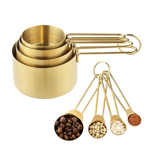 Measuring Cups and Spoons Set, Kaloo 8PCS Stainless Steel Metal Measuring Cups, Gold Finish, Ideal for Cooking and Baking