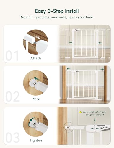 BABELIO 91.4 CM Tall Metal Baby Gate, 73.7-122 CM Auto Close Pressure Mounted Dog Gate for Stairs, Doorways & Hallway, Easy Walk Thru Pet Gate, Child Gate with 2*Y Spindle Rods, White - Image 6