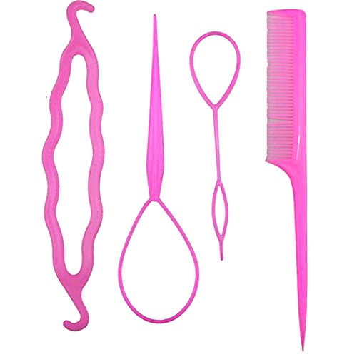 4Pcs Set Hair Styling Clip Bun Donut Twist Braid Ponytail Maker Accessories Tool Purple (Pink)