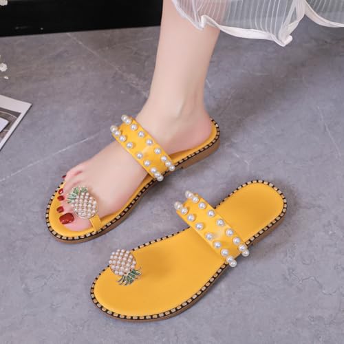 Fruit Toe-Post Sandals for Women Cute Yellow Slippers With Pearl Pineapple Flat Sandals Outdoor Summer3