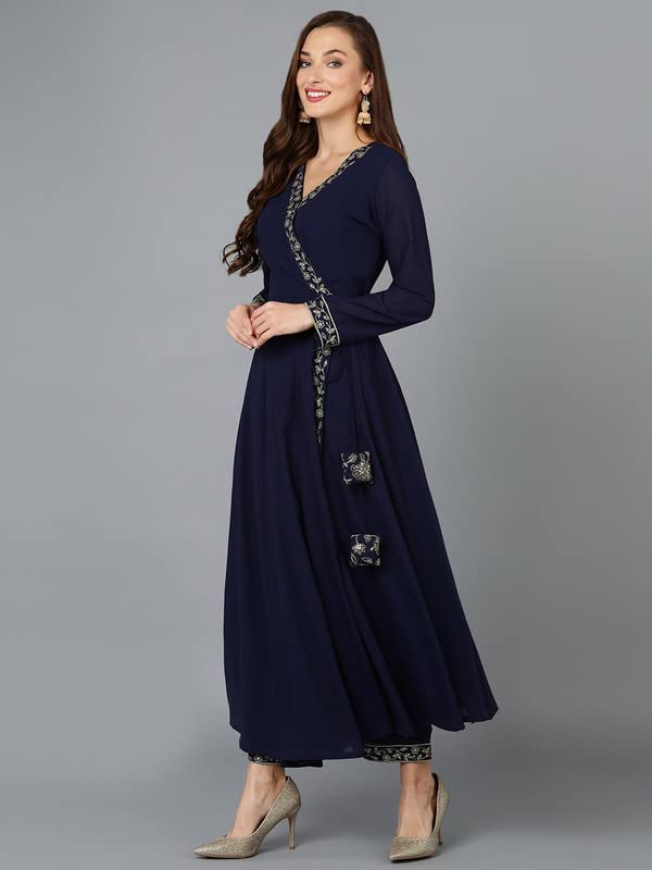 Image of Vaamsi Women's Georgette Embroidered Flared Angrakha Pant With Dupatta With Inner