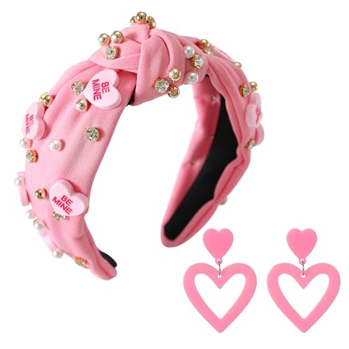 Gmmidea Valentine’s Day Jeweled Headband for Women Girls Beaded Rhinestone Love XOXO Heart Knotted Headband Fabric Wide Top Embellished Hairband with Heart Earrings Pink