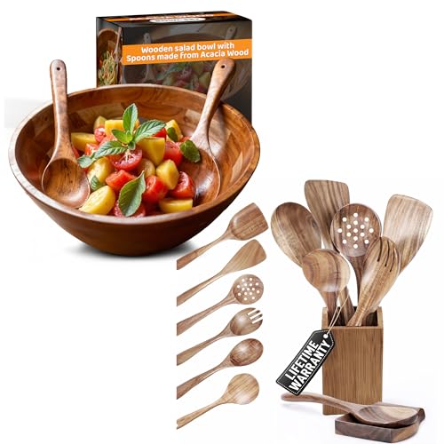 Shalinindia Wooden Salad Bowl & Cooking Spoons Set of 8