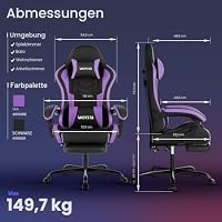 Gaming Stuhl mit Fußstütze, Ergonomischer Gaming-Stuhl, Computerstuhl mit Lendenwirbelstütze, Kopfstütze, Computerstuhl höhenverstellbar mit 360° drehbarem Sitz für Büro oder Gaming – Ansicht 3