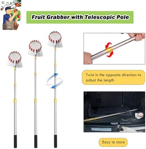 Adjustable Fruit Picker Pole 7-33FT - Telescopic Grabber Tool for Avocado, Lemon, Pear, Mango - Includes Fruit Picking Basket (7m/23ft) - Easy Reach Harvesting Tool