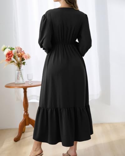 Women's Black Puff Long Sleeve Empire Waist Flowy Maxi Dress with Pockets — view 6