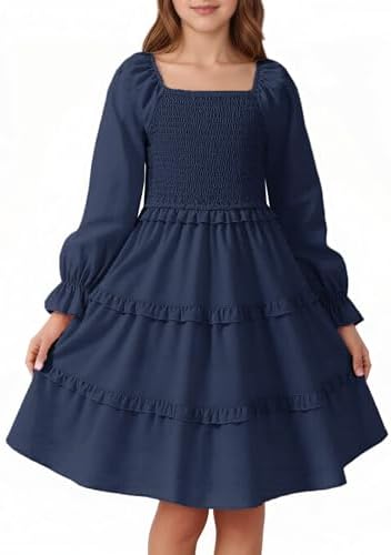 JiAmy Girls Dress Fall Puff Long Sleeve Square Neck Smocked Shirred Tiered Ruffle Flared Party Dresses