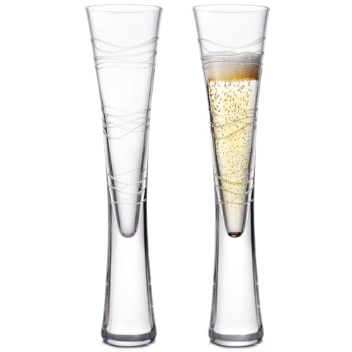 karadrova 2x145ml Champagne Flutes, Prosecco Glasses, Handmade, Clear Crystal Champagne Liqueur Glasses, Prosecco Flute for Wedding Anniversary (Circle)