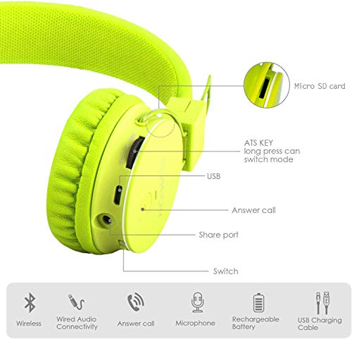 Kids Bluetooth Headphones Foldable Volume Limiting Wireless/Wired Stereo On Ear Hd Headset With Sd Card Fm Radio In-Line Volume Control Microphone For Children Adults (Green) #TOP3