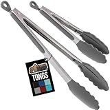 GORILLA GRIP Stainless Steel Heat Resistant Kitchen Tongs for Cooking, Set of 2 BBQ Tong, Non Scratch Silicone Tip for Pans, Strong Grip, Grab Food, Toss Salad, Air Fryer, Pull Lock, 7 + 9 Inch, Gray