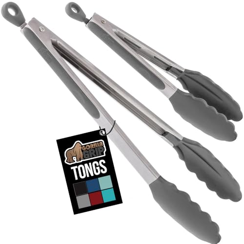 Image of GORILLA GRIP Stainless Steel Heat Resistant Kitchen Tongs for Cooking, Set of 2 BBQ Tong, Non Scratch Silicone Tip for Pans, Strong Grip, Grab Food, Toss Salad, Air Fryer, Pull Lock, 7 + 9 Inch, Gray