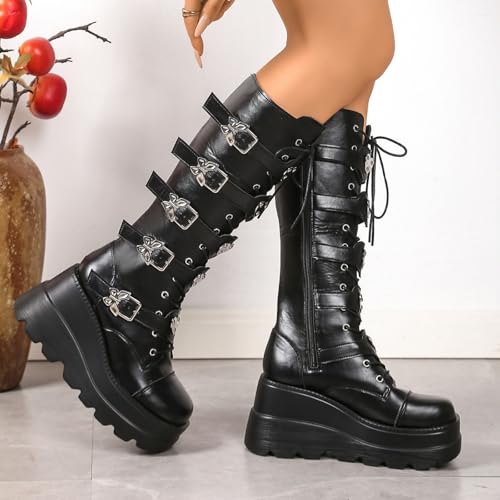 Bottes de combat gothiques avec sangles à boucle et plateforme crantée noire - 6