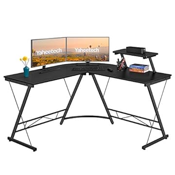 Yaheetech Scrivania per Computer ad Angolo a Forma di L Tavolo Angolare Porta PC Postazione di Lavoro per Ufficio Spazioso Scrivania da Gaming in Legno e Metallo Nera 130 x 130 x 96,5 cm