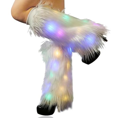 Bmirth White Leg Warmers Neon Light Up Leg Warmers 70s 80s Dance Hosiery Halloween Party Costume Christmas Rave Fuzzy LED Long Boots Cover Shoes