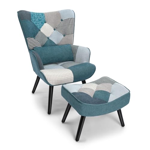 HomeMiYN Relaxsessel mit Hocker Patchwork Sessel mit Lendenkissen Ohrensessel Holz Sessel Wohnzimmer moderner Fernsehsessel Loungesessel Stuhl Patchwork Leinen Massivholzfüße Blau Frühjahrsdekoration