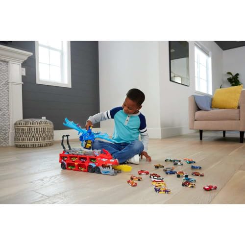 Image of Hot Wheels City Toy Car Track Set, Ultimate 2-in-1 Dragon Transporter and 2 Die-Cast Cars, Large Dragon and Removable Dragon with Space for More Than 20 Vehicles, JKJ79