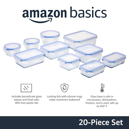 Amazon Basics Récipient en Verre avec clips de Fermeture pour Conservation Alimentaire, 20 Piece Set (10 récipients + 10 couvercles), sans BPA, Transparent,bleu