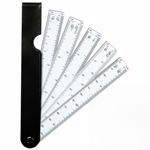 Regla de escala plegable estilo abanico con marcas de calibración claras para bocetos arquitectónicos de diseño de muebles y tareas de diseño industrial