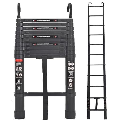 Exleiter Aluminum Telescoping Ladder, 3.2M/10.5FT Portable Extension Ladder with 2 Detachable Hooks Extendable Folding Ladder Anti-Slip Loft Ladder with Certificate EN 131, Black
