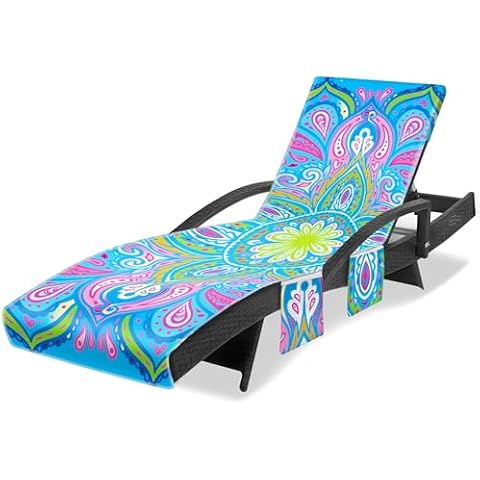 Ruikyhom Lounge Chair Towel Cover, Chaise Lounge Cover, Beach Chair Covers with 3 Pockets for Trips Beach Pool Garden Sunbathing Courtyard, 85 x30 in, Mandala Style Green Blue Cover