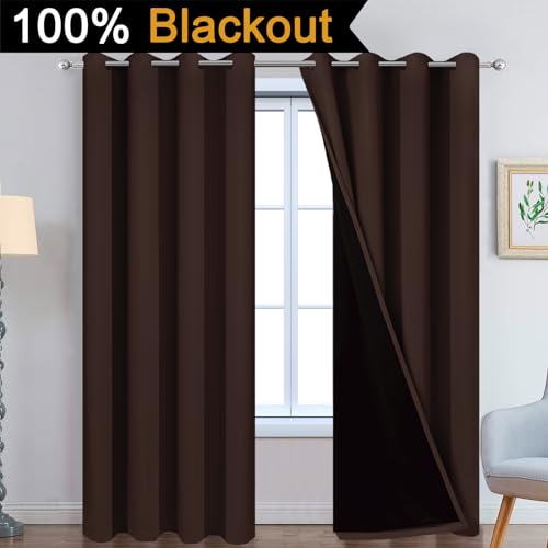 Image of Yakamok Chocolate Brown Blackout Curtains 90 Inches Long 52 inch Wide, 2 Panels | Blackout Curtain Panels for Bedroom, 2 Thick Layers Grommet Top Thermal Insulated Drapes with Black Liner for Living Room