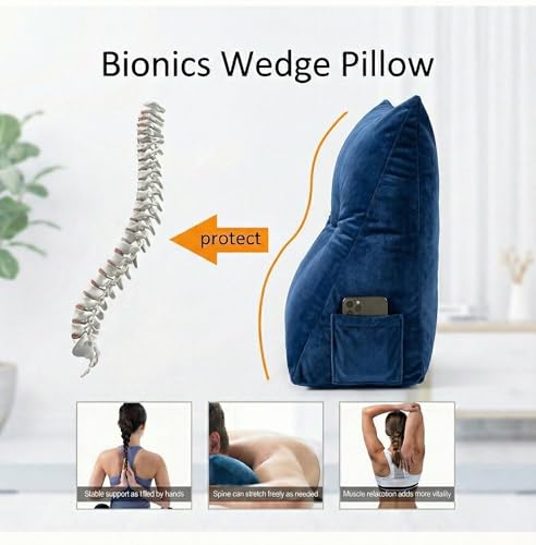 Image of Luxury Velvet Tufted Wedge Pillow with Side Pocket - Soft Headboard Back Support Cushion for Bed, Sofa & Floor Seating - Blue Color